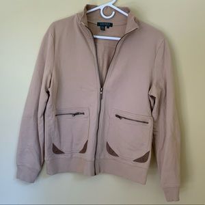 Khaki jacket with brown leather trim
